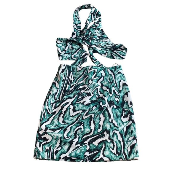 Zara Collection Size S Cutout Halter Strappy Mini Dress Green Black Tropical - Picture 6 of 9